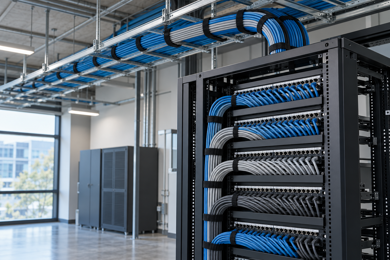 Illustration of dressed cables in a rack and overhead ladder tray