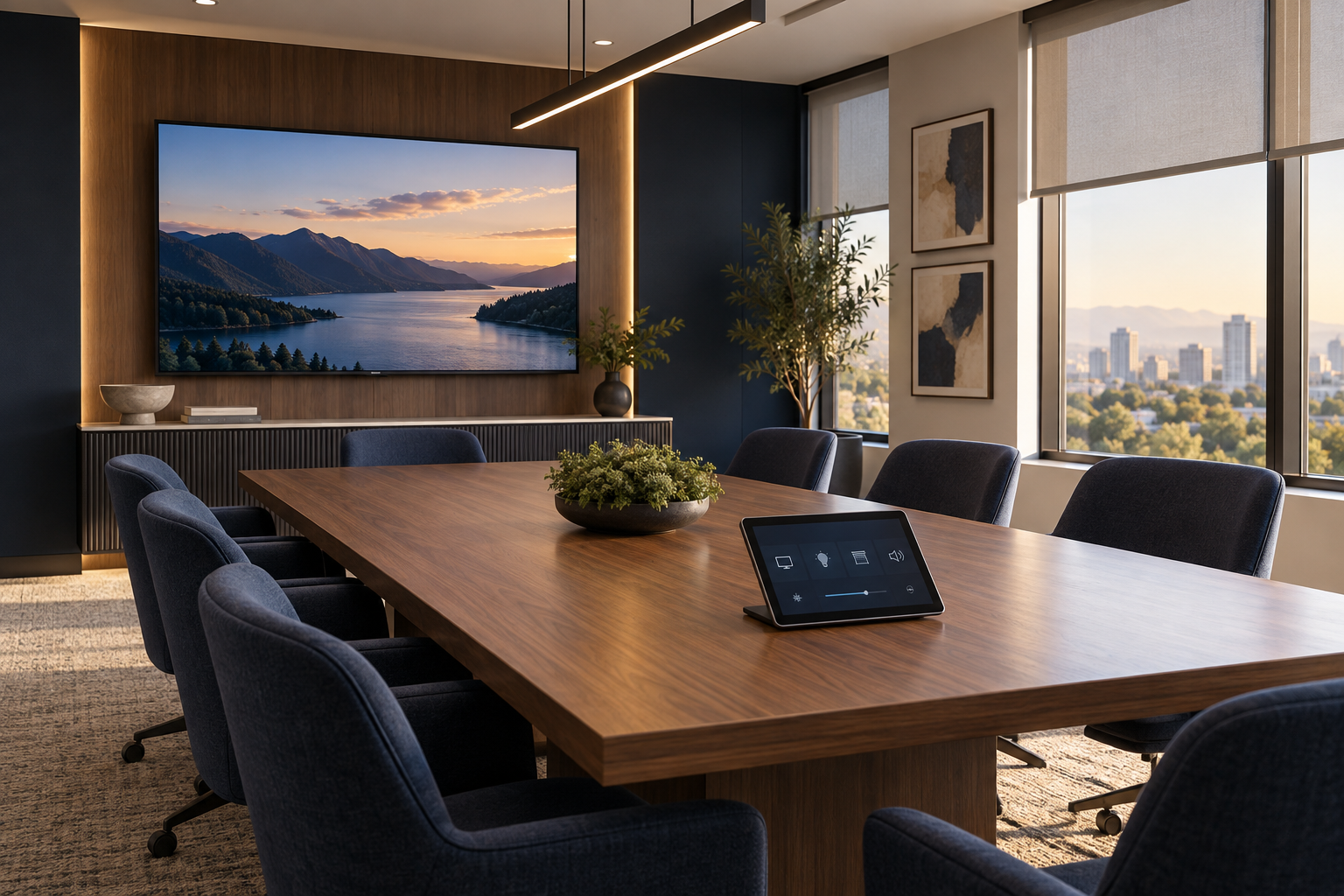 Illustration of a controlled meeting room with tabletop controller and display