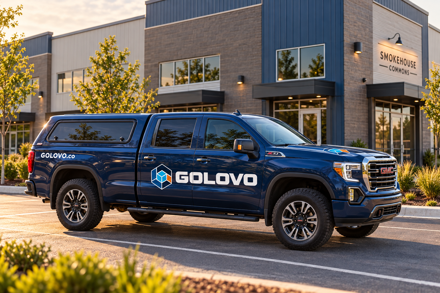 Concept image of a modern blue GMC with the plain GOLOVO wordmark and cube emblem outside a Smokehouse Commons commercial building