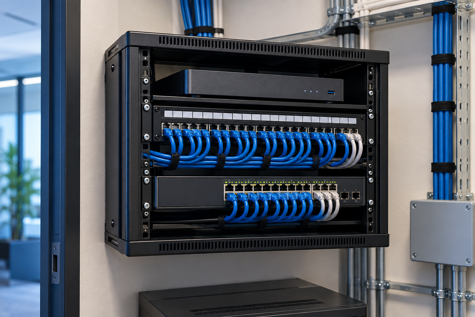 Illustration of a professionally installed 24-port PoE network switch and compact gateway in a small rack
