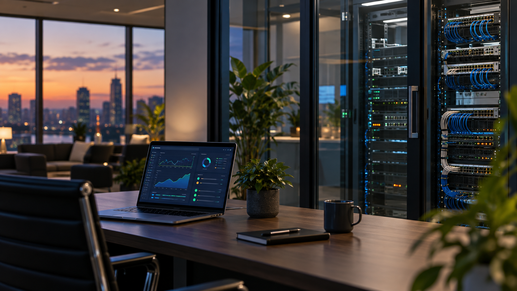 Illustration of an orderly network room and a quiet monitoring workspace