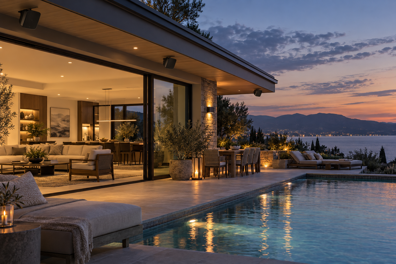 Illustration of outdoor poolside audio integrated with a home
